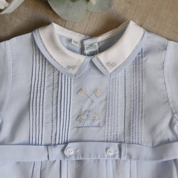 Feltman Brothers Boy's Heirloom Blue Romper Creeper RARE DESIGN Race Car NWT - Picture 2 of 5